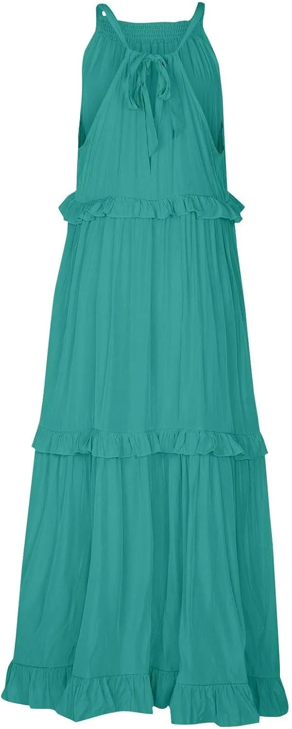 JOAU Womens Summer Boho Beach Maxi Dress Halter Neck Cut Out Tie Back A-Line Tiered Ruffle Flowy Long Sundress with Pockets