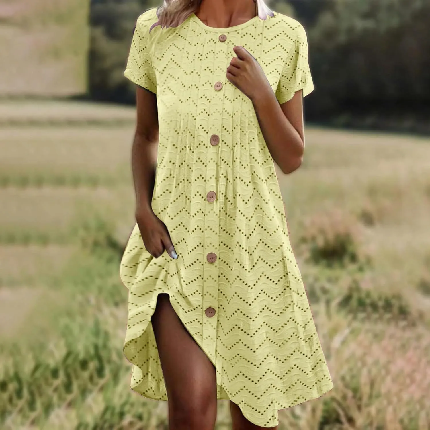 JOAU Womens Summer Crewneck Short Sleeve Midi Dress Hollow Out Eyelet Button Pleated Front A Line Casual Flowy Shirt Dresses