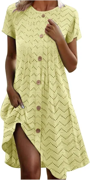 JOAU Womens Summer Crewneck Short Sleeve Midi Dress Hollow Out Eyelet Button Pleated Front A Line Casual Flowy Shirt Dresses