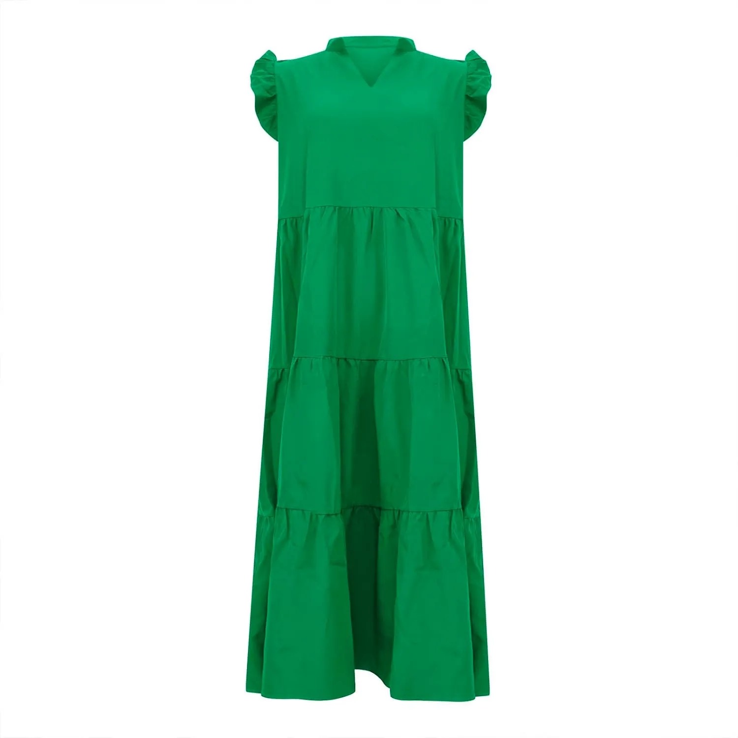 JOAU Women's Summer Flutter Sleeve V Neck Midi Dresses Fashion Flowy Tiered Ruffle Swing A-Line Boho Beach Vacation Sundress