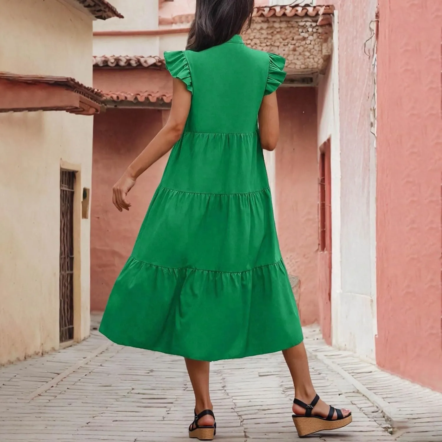 JOAU Women's Summer Flutter Sleeve V Neck Midi Dresses Fashion Flowy Tiered Ruffle Swing A-Line Boho Beach Vacation Sundress