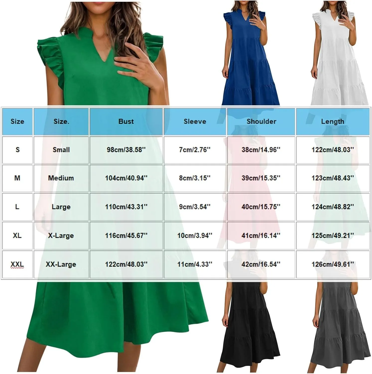 JOAU Women's Summer Flutter Sleeve V Neck Midi Dresses Fashion Flowy Tiered Ruffle Swing A-Line Boho Beach Vacation Sundress