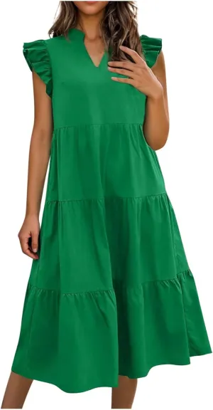 JOAU Women's Summer Flutter Sleeve V Neck Midi Dresses Fashion Flowy Tiered Ruffle Swing A-Line Boho Beach Vacation Sundress