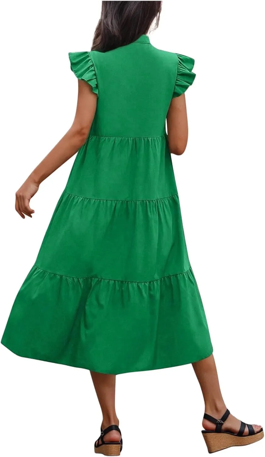 JOAU Women's Summer Flutter Sleeve V Neck Midi Dresses Fashion Flowy Tiered Ruffle Swing A-Line Boho Beach Vacation Sundress