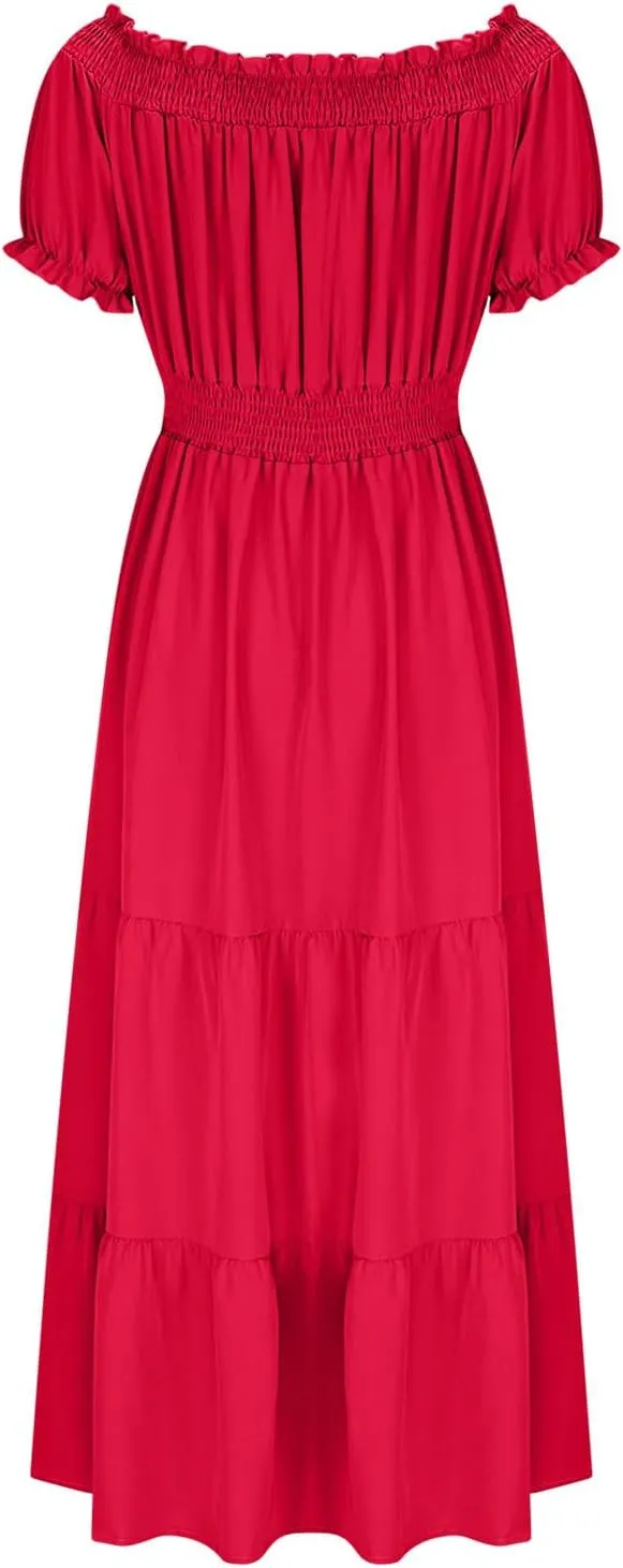 JOAU Women's Summer Off Shoulder Short Puff Sleeve Maxi Dress Casual Smocked Flowy Ruffle A Line Tiered Swing Beach Dresses