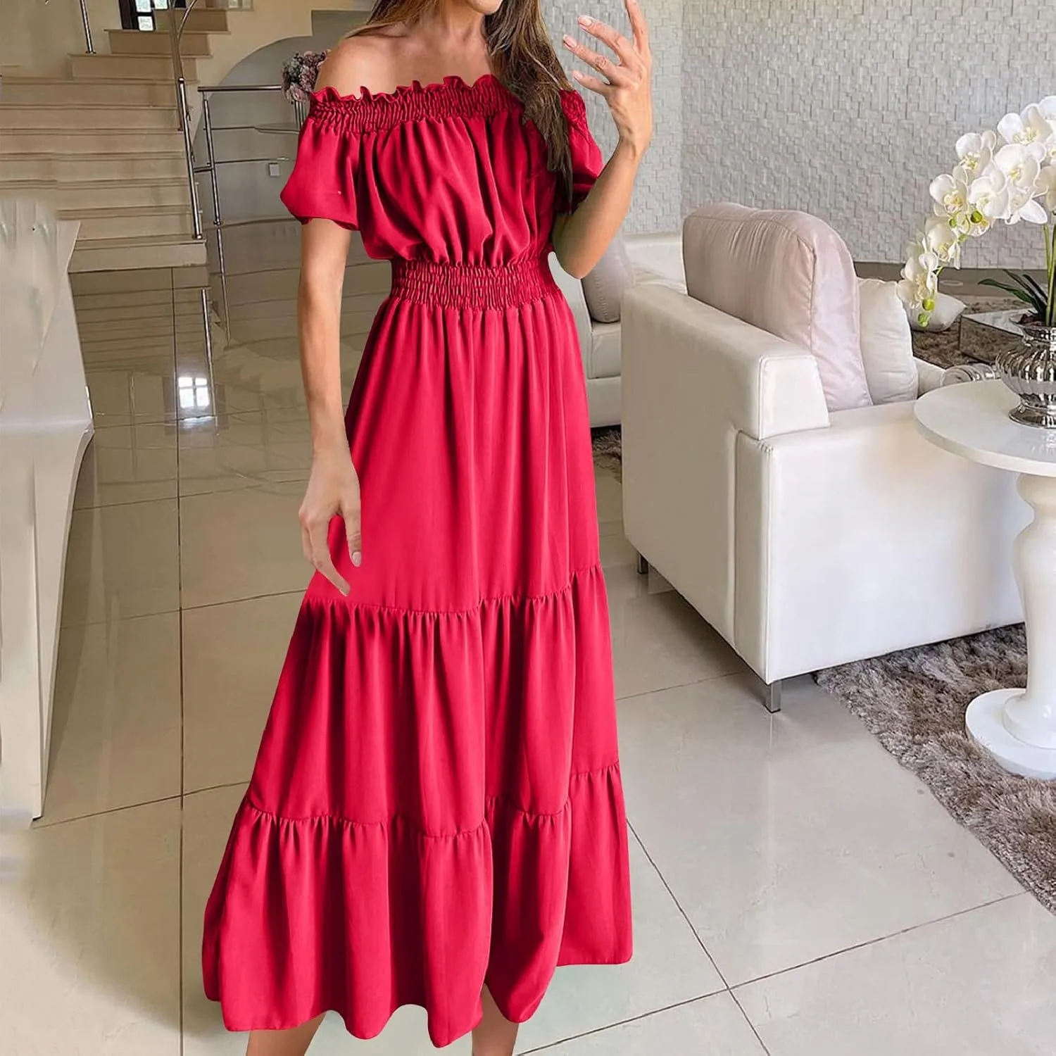 JOAU Women's Summer Off Shoulder Short Puff Sleeve Maxi Dress Casual Smocked Flowy Ruffle A Line Tiered Swing Beach Dresses