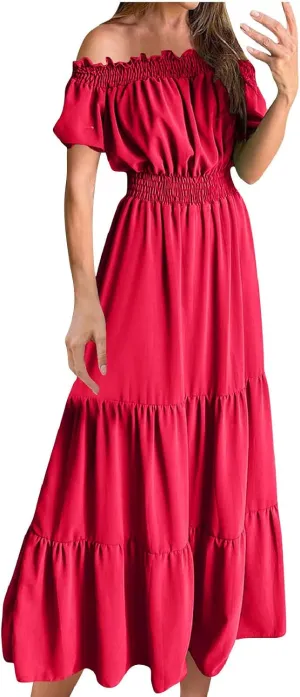 JOAU Women's Summer Off Shoulder Short Puff Sleeve Maxi Dress Casual Smocked Flowy Ruffle A Line Tiered Swing Beach Dresses