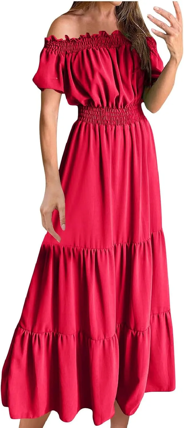 JOAU Women's Summer Off Shoulder Short Puff Sleeve Maxi Dress Casual Smocked Flowy Ruffle A Line Tiered Swing Beach Dresses