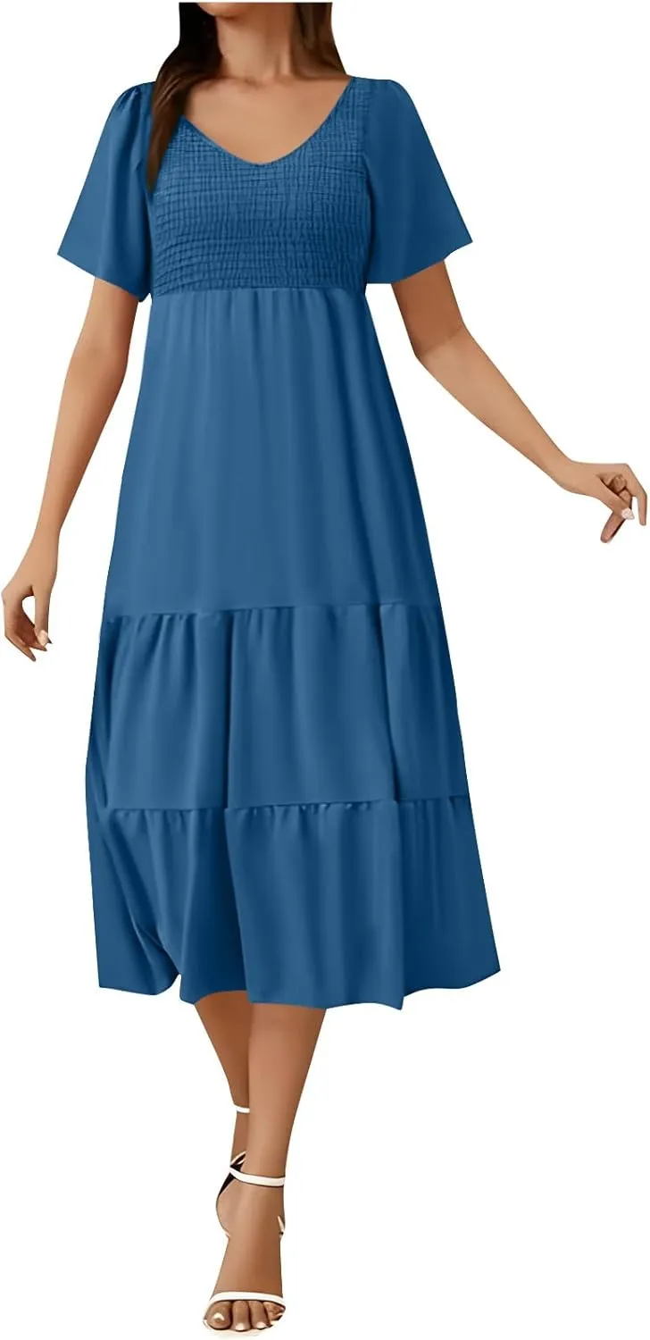 JOAU Womens Summer Short Sleeve Dresses Casual V Neck Smocked Flowy A-Line Tiered Ruffle Midi Dress Beach Vacation Clothes
