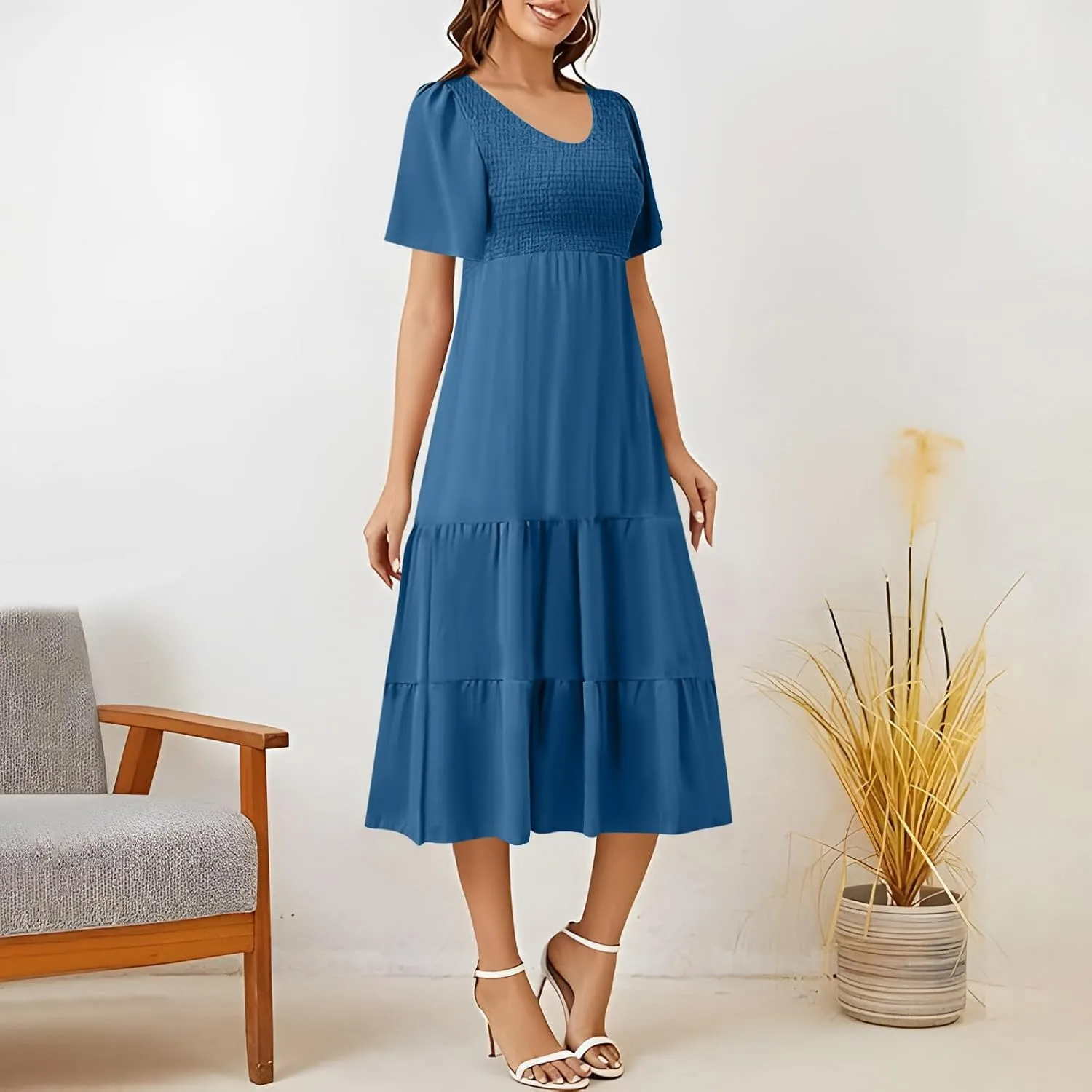 JOAU Womens Summer Short Sleeve Dresses Casual V Neck Smocked Flowy A-Line Tiered Ruffle Midi Dress Beach Vacation Clothes