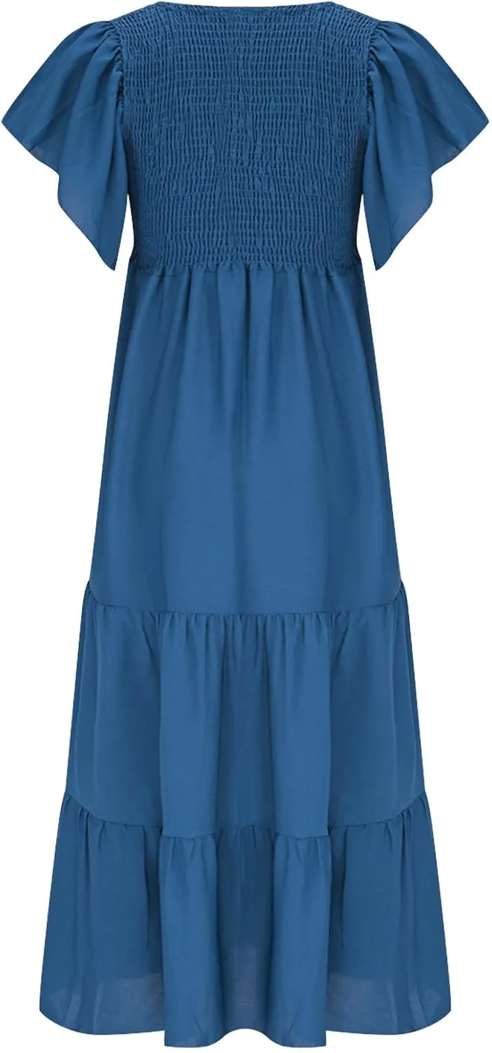 JOAU Womens Summer Short Sleeve Dresses Casual V Neck Smocked Flowy A-Line Tiered Ruffle Midi Dress Beach Vacation Clothes