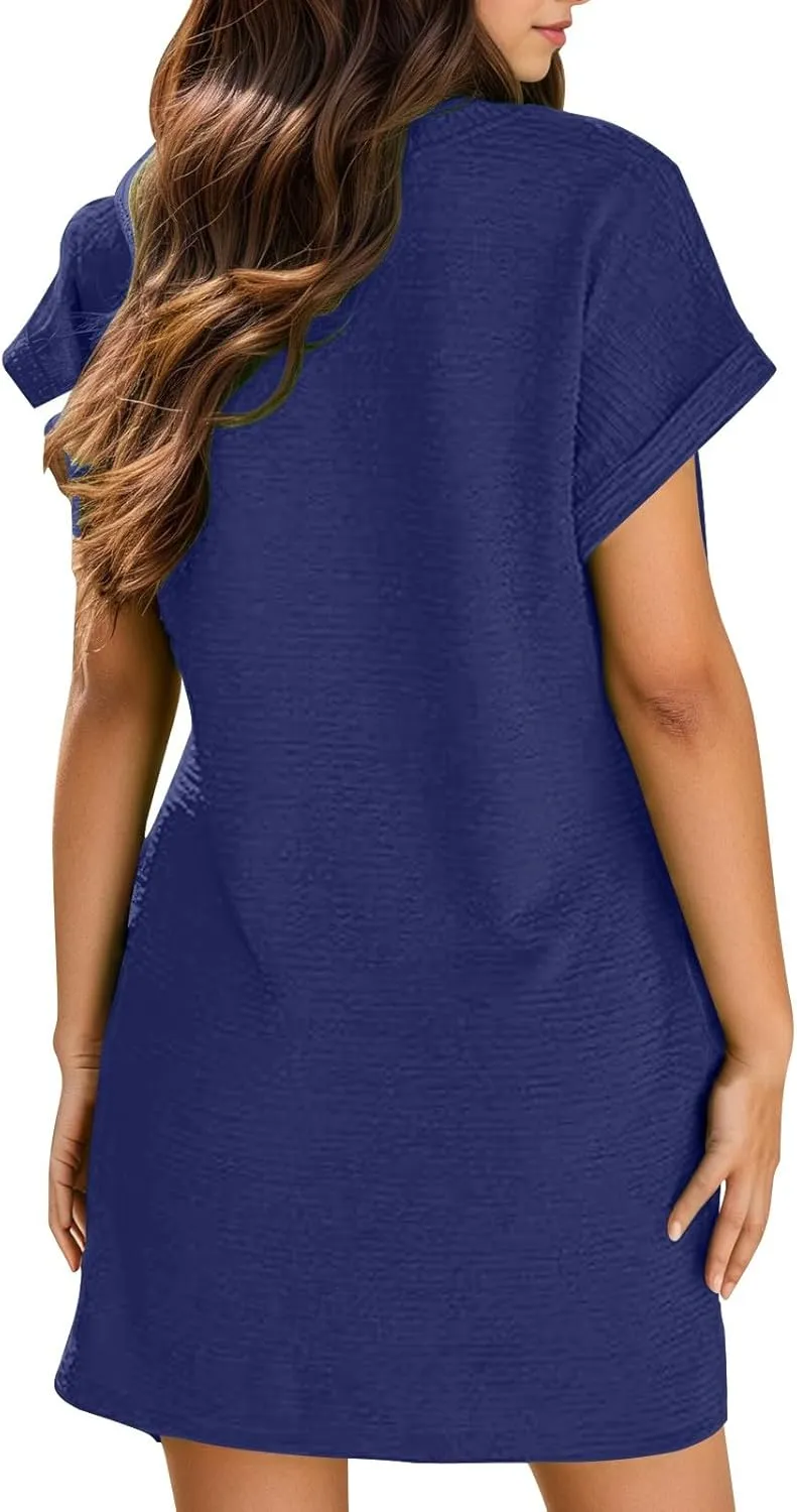 JOAU Womens Summer T Shirt Dresses Fashion 2025 Rolled Short Sleeve Crew Neck Casual Beach Vacation Mini Dress with Pockets