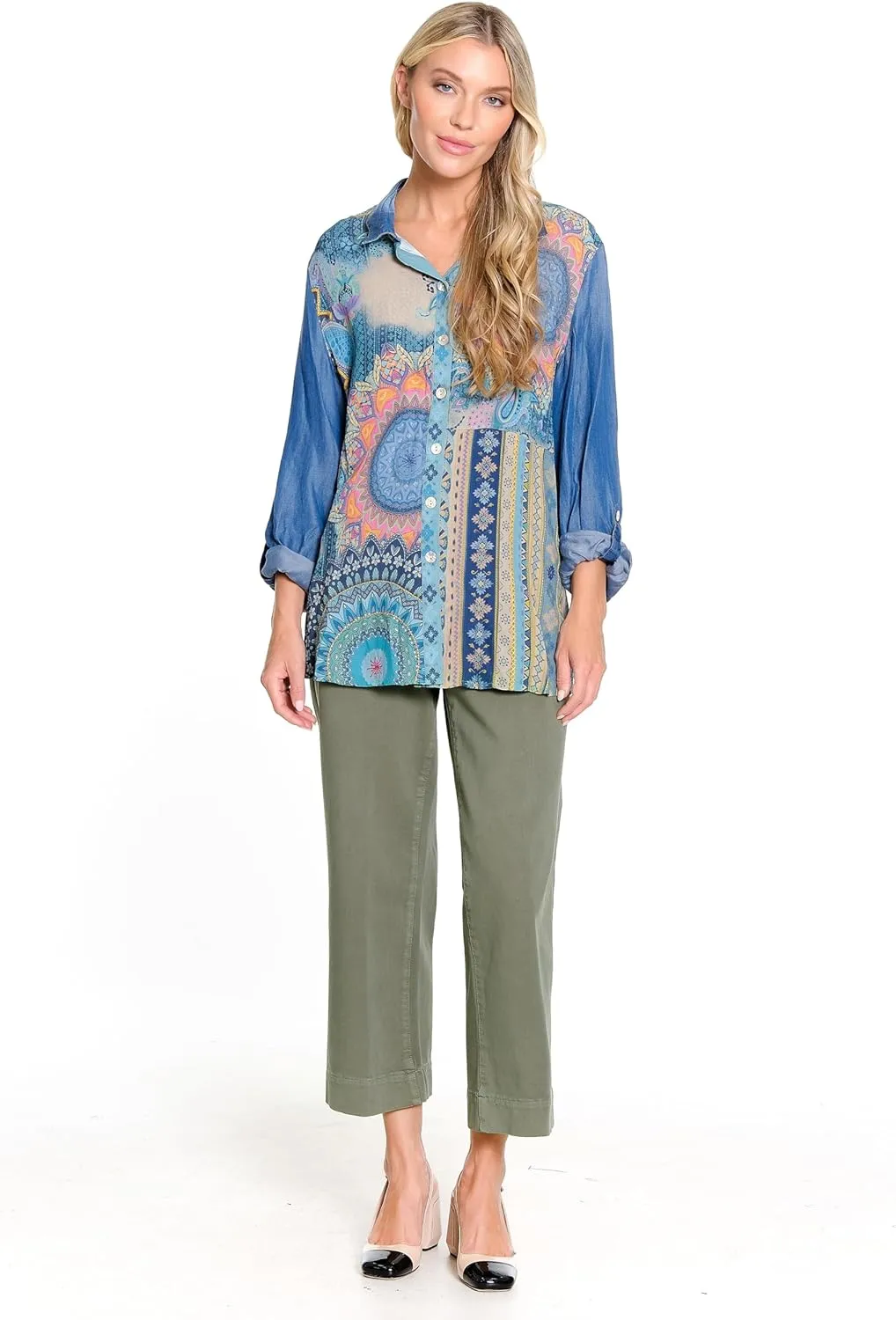 john mark Women's Novelty Print Wire Collar Button Front with Cinch Tie Sleeves