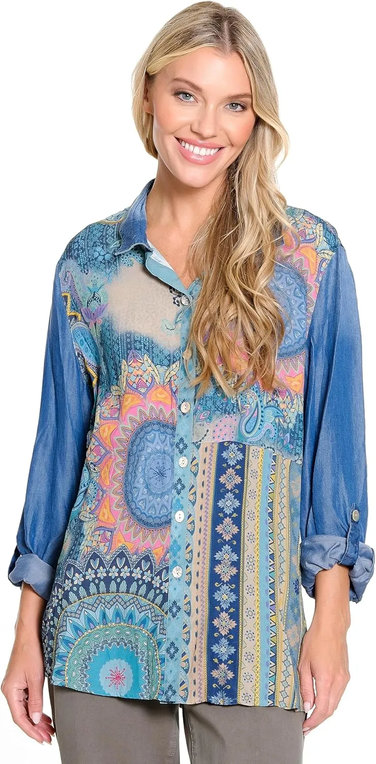 john mark Women's Novelty Print Wire Collar Button Front with Cinch Tie Sleeves