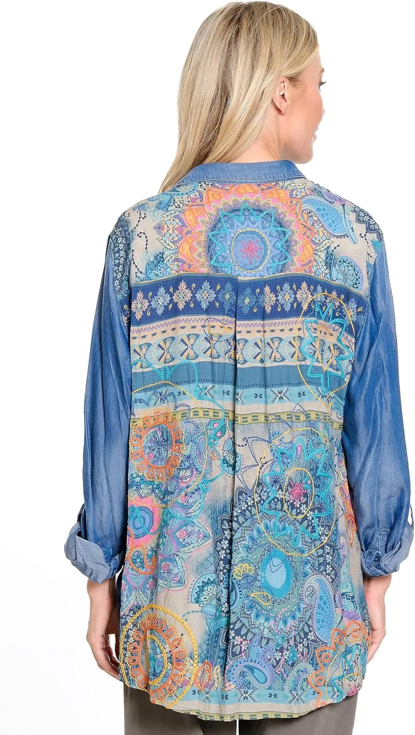 john mark Women's Novelty Print Wire Collar Button Front with Cinch Tie Sleeves