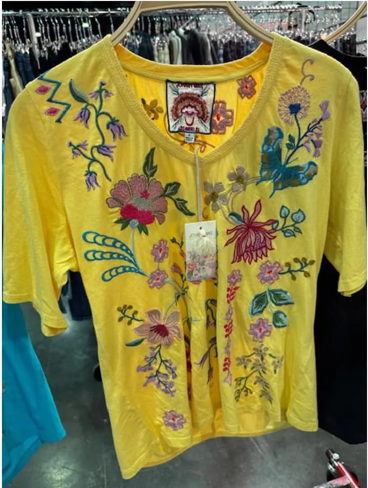 Johnny Was Maureen Trapunto 3/4 Tee Shirt Floral Embroidery Top Citron Yellow New