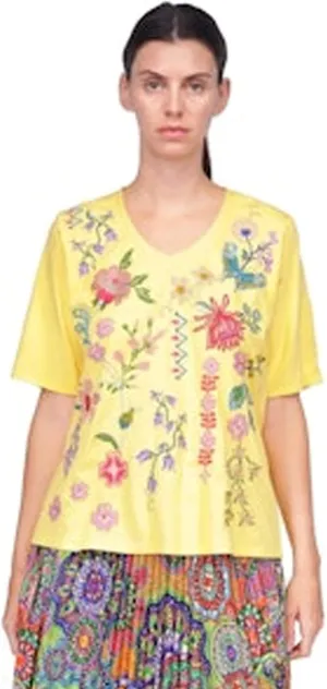 Johnny Was Maureen Trapunto 3/4 Tee Shirt Floral Embroidery Top Citron Yellow New