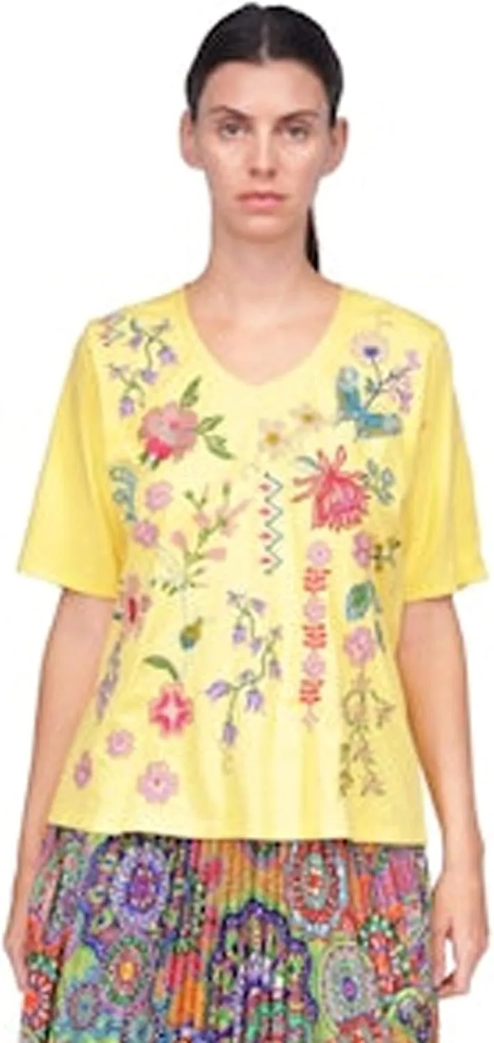 Johnny Was Maureen Trapunto 3/4 Tee Shirt Floral Embroidery Top Citron Yellow New