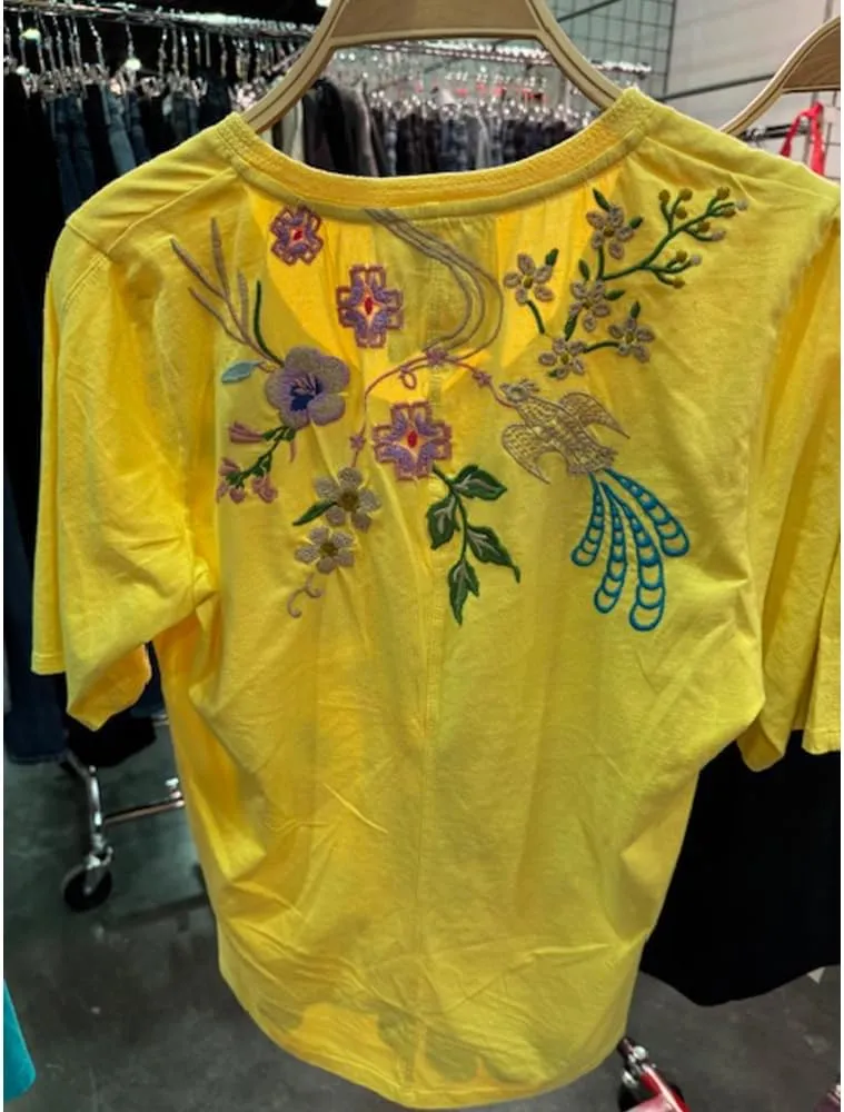 Johnny Was Maureen Trapunto 3/4 Tee Shirt Floral Embroidery Top Citron Yellow New