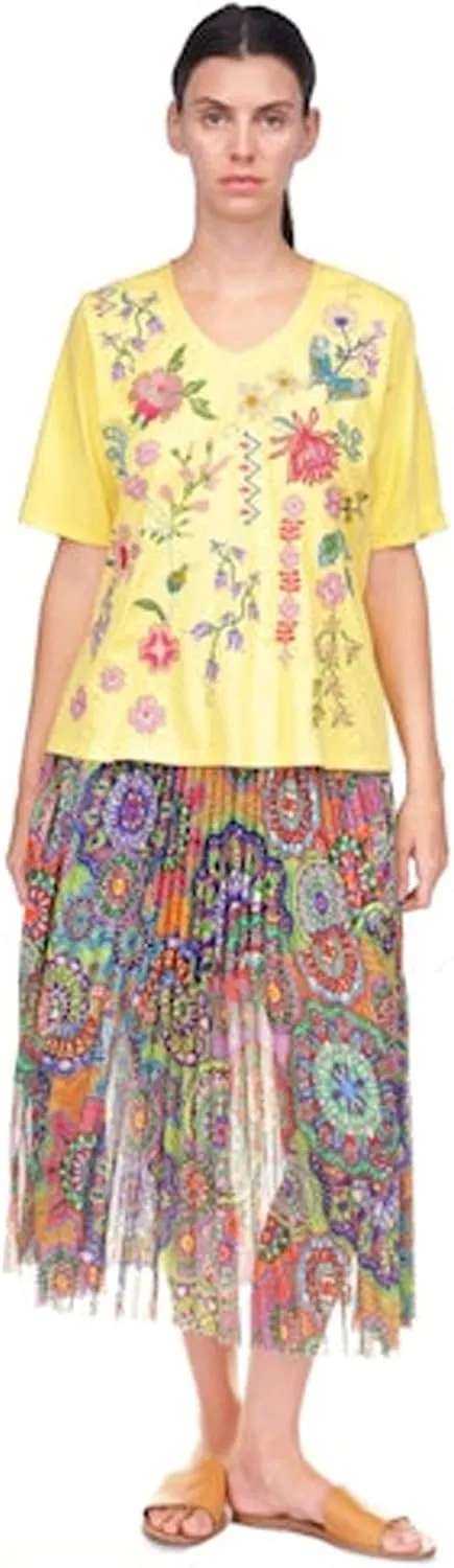 Johnny Was Maureen Trapunto 3/4 Tee Shirt Floral Embroidery Top Citron Yellow New