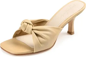 Journee Collection Signature Womens Genuine Leather Finlee Knotted Slip On Mid Heel Padded Open Sqaure Toe Stiletto Sandals