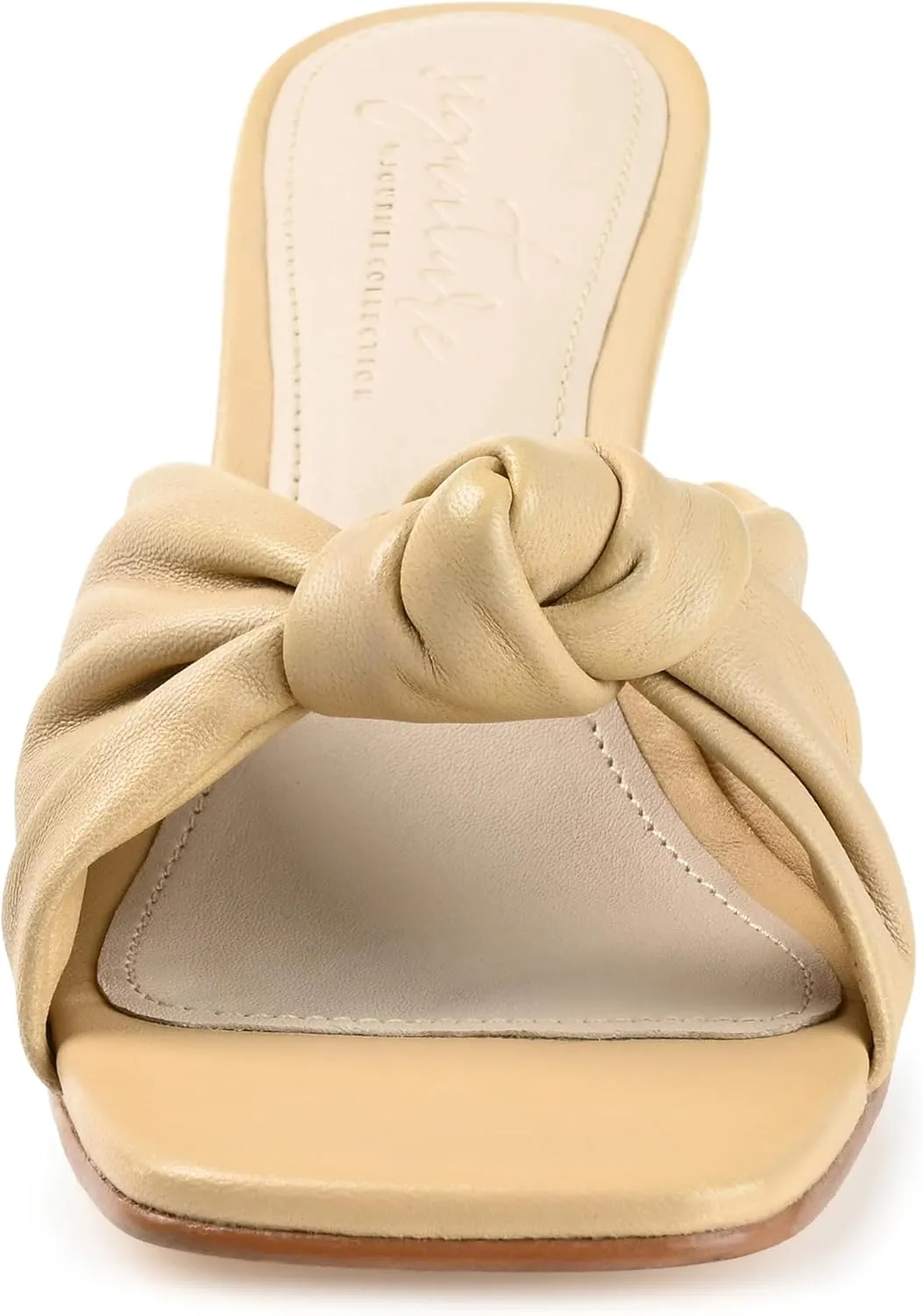Journee Collection Signature Womens Genuine Leather Finlee Knotted Slip On Mid Heel Padded Open Sqaure Toe Stiletto Sandals