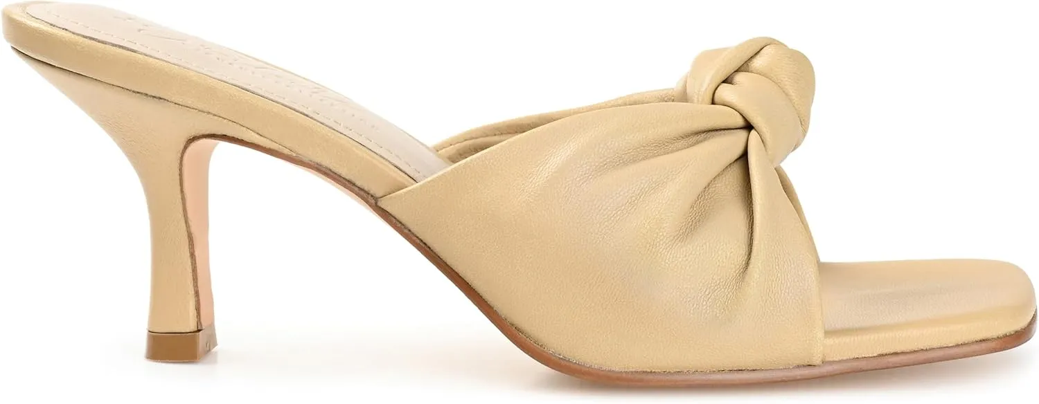 Journee Collection Signature Womens Genuine Leather Finlee Knotted Slip On Mid Heel Padded Open Sqaure Toe Stiletto Sandals