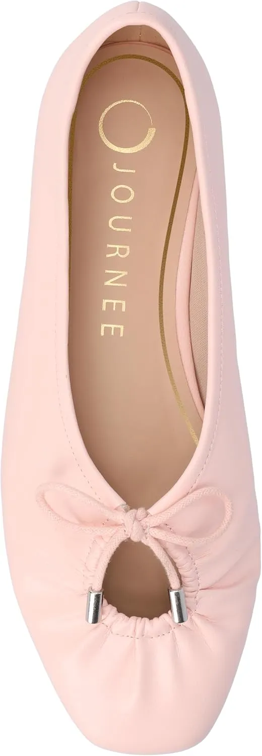 Journee Collection Womens Callee Ruched Ballet Dress Flats with Bow Cushioned Slip On Soft Square Toe Fashion Shoe