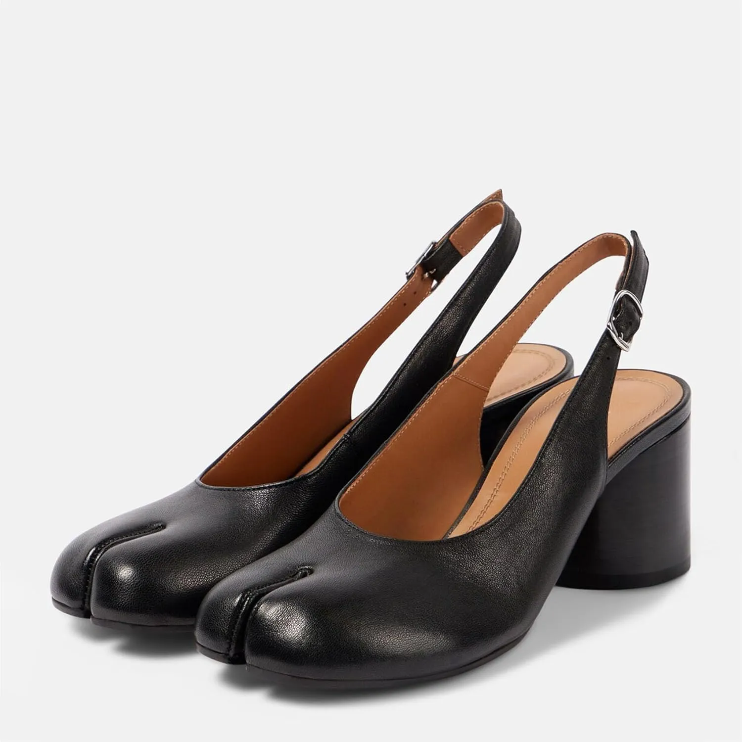 KOKOMOMO Black Split Toe Slingback Heels for Women Japanese Tabi Shoes Cylindrical Block Heels Pumps Chunky Heel Office Wedding Party Dress Shoes