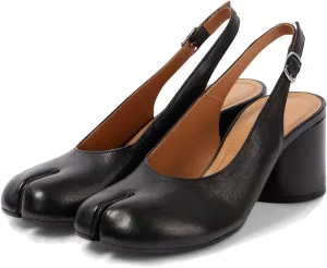 KOKOMOMO Black Split Toe Slingback Heels for Women Japanese Tabi Shoes Cylindrical Block Heels Pumps Chunky Heel Office Wedding Party Dress Shoes