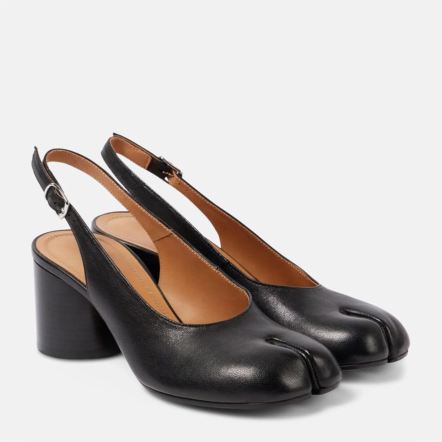 KOKOMOMO Black Split Toe Slingback Heels for Women Japanese Tabi Shoes Cylindrical Block Heels Pumps Chunky Heel Office Wedding Party Dress Shoes