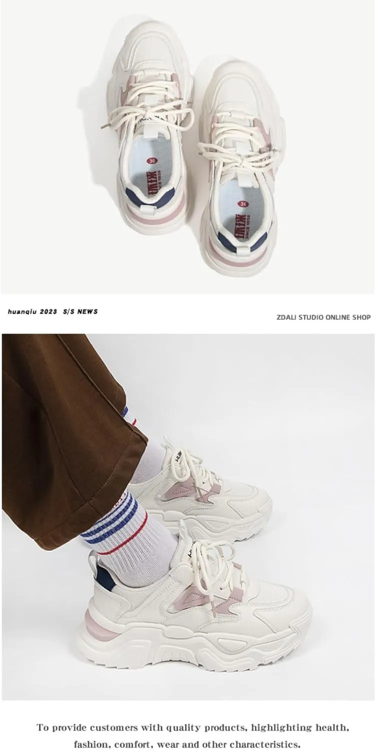 Korean Chunky Sneakers, Kawaii Academy Style, Cloud Sole & Hidden Heel Lift, Comfortable White Dad Shoes for Women, Preppy Outfit, Gift for Daughter, Travel-Friendly