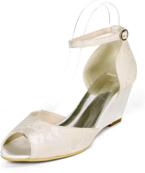 Lace Wedding Shoes Women Peep Toe Wedges Satin Ankle Strap Evening Party Sandals