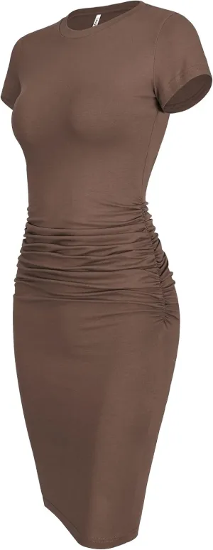 Laughido Women's Short Sleeve Ruched Bodycon Sundress Knee Length T Shirt Dresses 2025 Trendy Casual Outfits