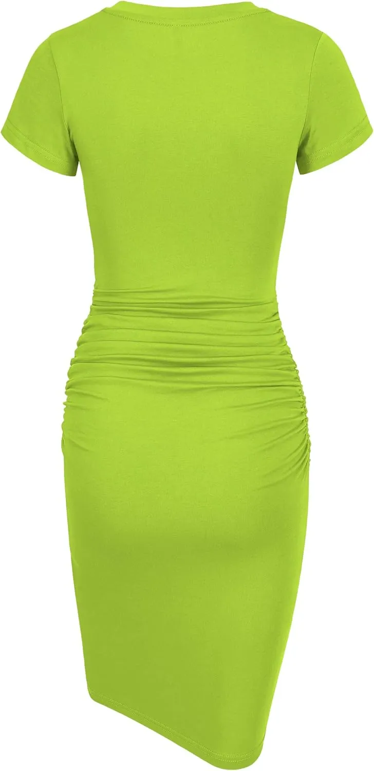 Laughido Women's Short Sleeve Ruched Bodycon Sundress Knee Length T Shirt Dresses 2025 Trendy Casual Outfits