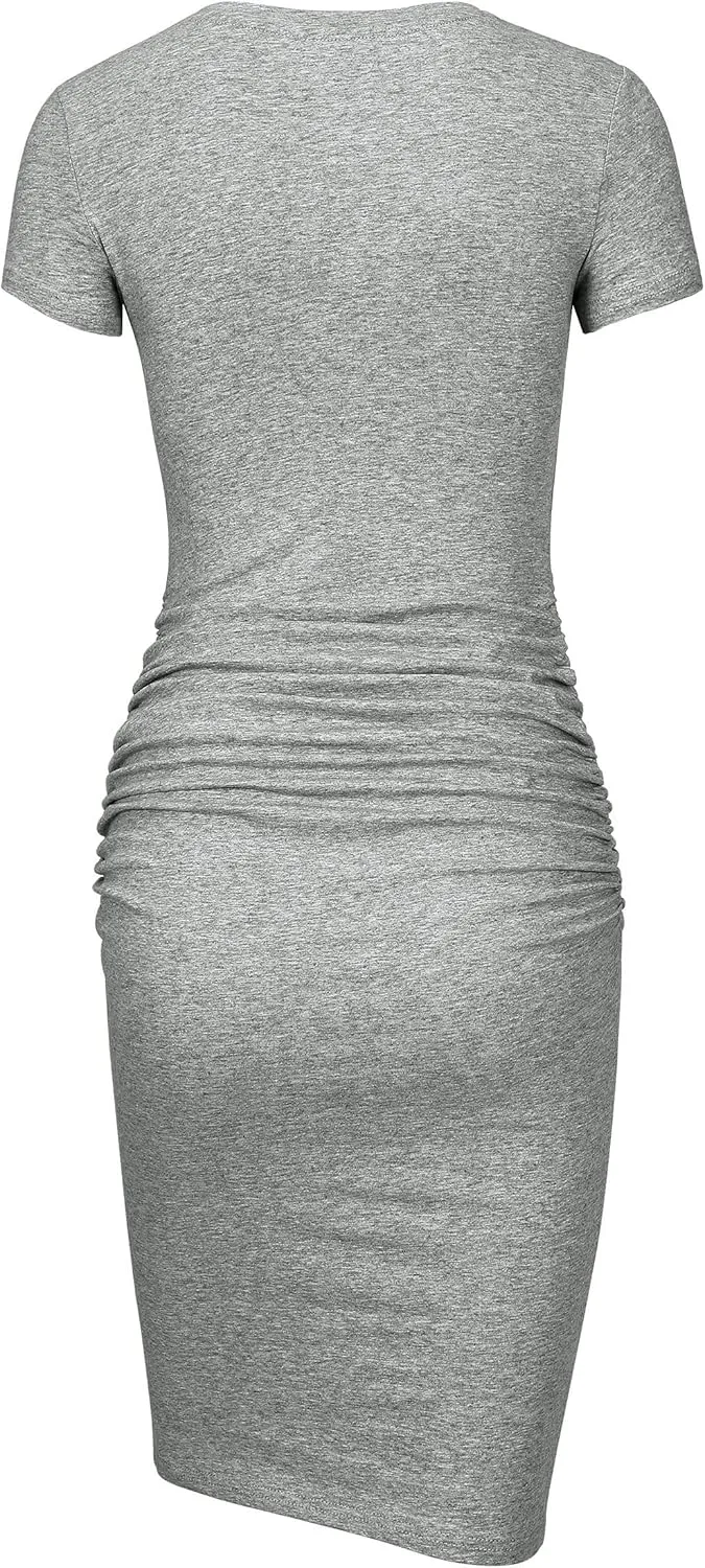 Laughido Women's Short Sleeve Ruched Bodycon Sundress Knee Length T Shirt Dresses 2025 Trendy Casual Outfits