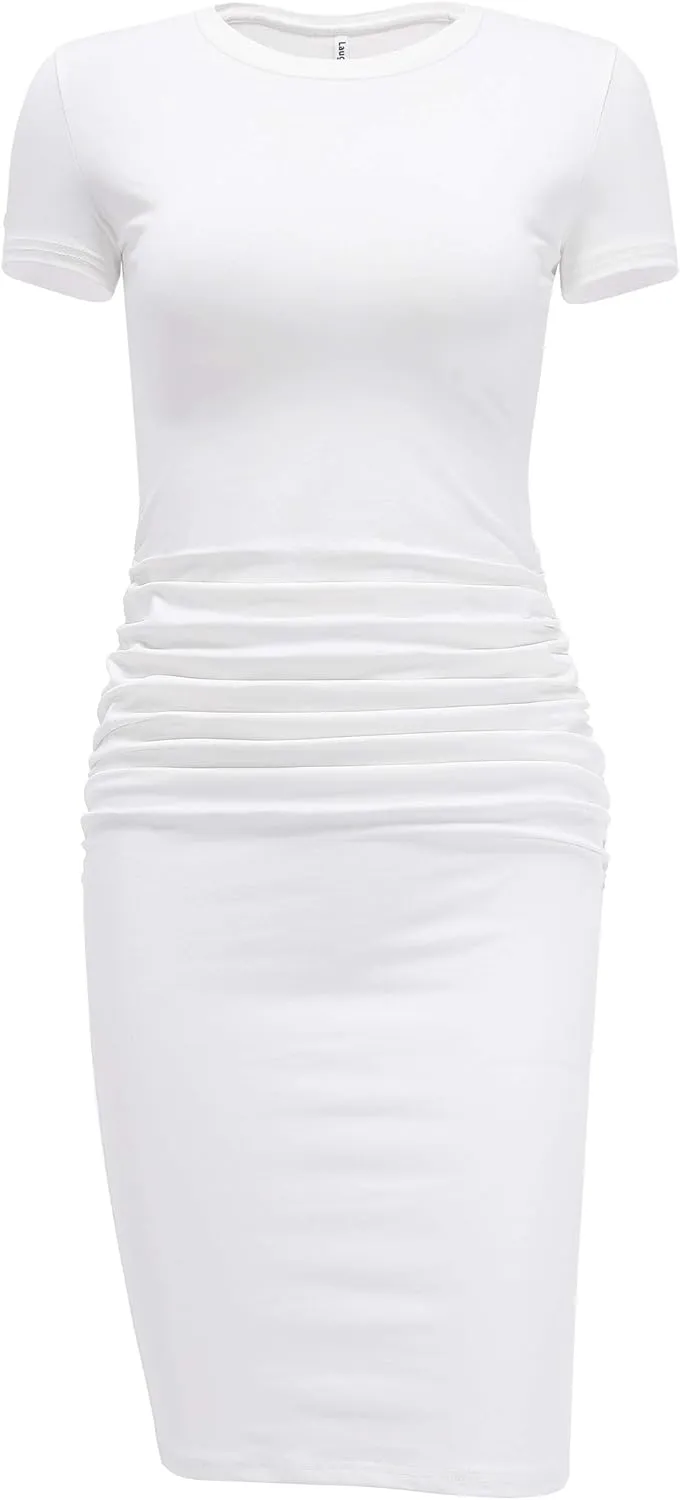 Laughido Women's Short Sleeve Ruched Bodycon Sundress Knee Length T Shirt Dresses 2025 Trendy Casual Outfits