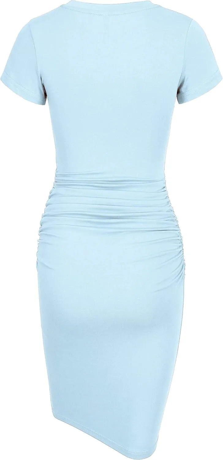 Laughido Women's Short Sleeve Ruched Bodycon Sundress Knee Length T Shirt Dresses 2025 Trendy Casual Outfits
