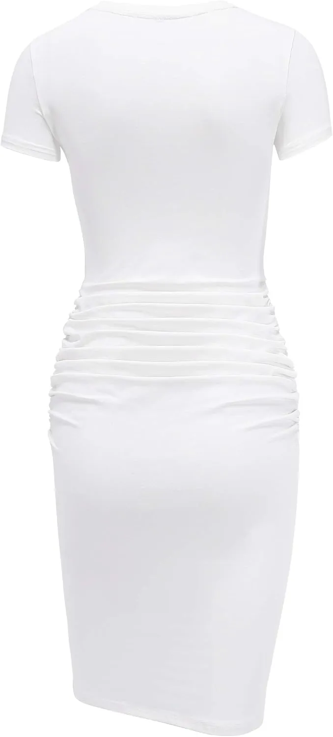 Laughido Women's Short Sleeve Ruched Bodycon Sundress Knee Length T Shirt Dresses 2025 Trendy Casual Outfits