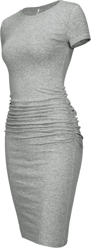 Laughido Women's Short Sleeve Ruched Bodycon Sundress Knee Length T Shirt Dresses 2025 Trendy Casual Outfits