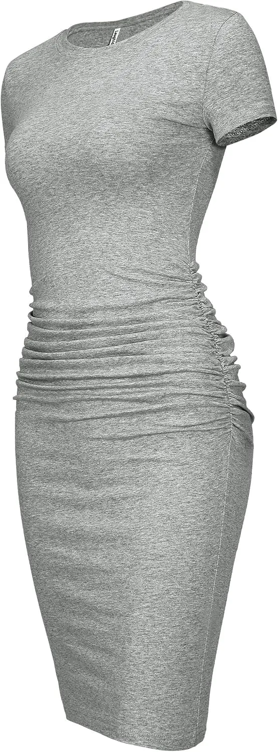 Laughido Women's Short Sleeve Ruched Bodycon Sundress Knee Length T Shirt Dresses 2025 Trendy Casual Outfits