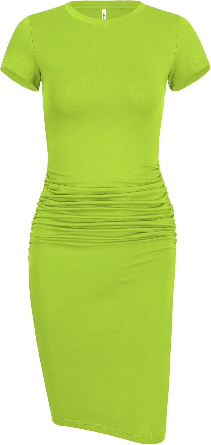 Laughido Women's Short Sleeve Ruched Bodycon Sundress Knee Length T Shirt Dresses 2025 Trendy Casual Outfits
