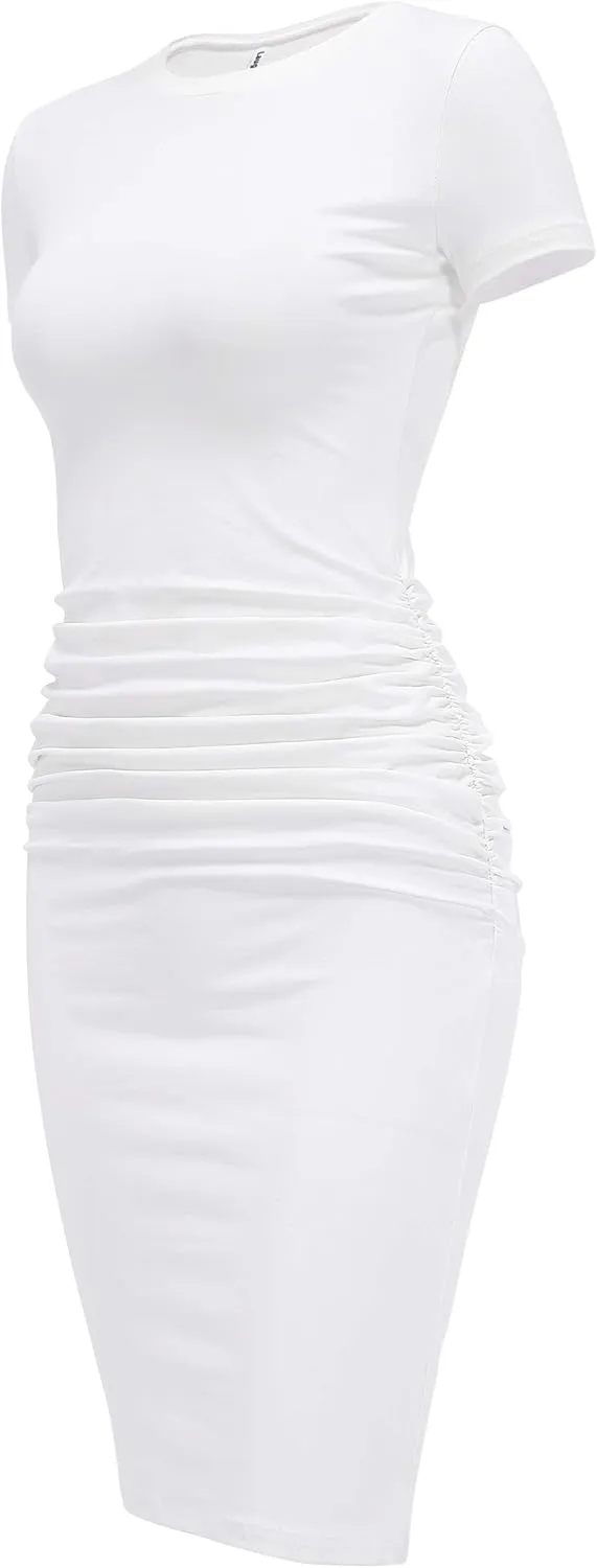 Laughido Women's Short Sleeve Ruched Bodycon Sundress Knee Length T Shirt Dresses 2025 Trendy Casual Outfits