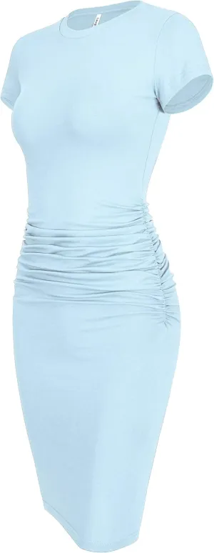 Laughido Women's Short Sleeve Ruched Bodycon Sundress Knee Length T Shirt Dresses 2025 Trendy Casual Outfits