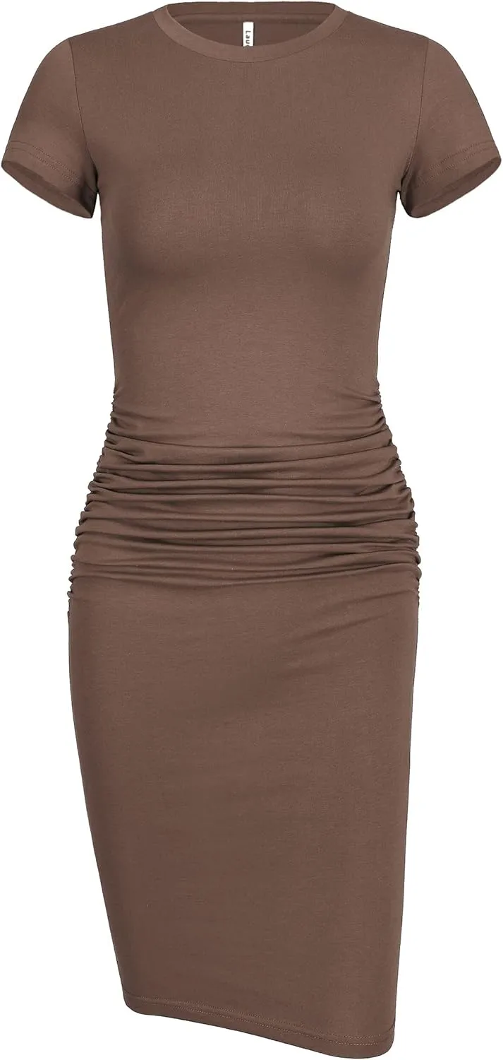 Laughido Women's Short Sleeve Ruched Bodycon Sundress Knee Length T Shirt Dresses 2025 Trendy Casual Outfits