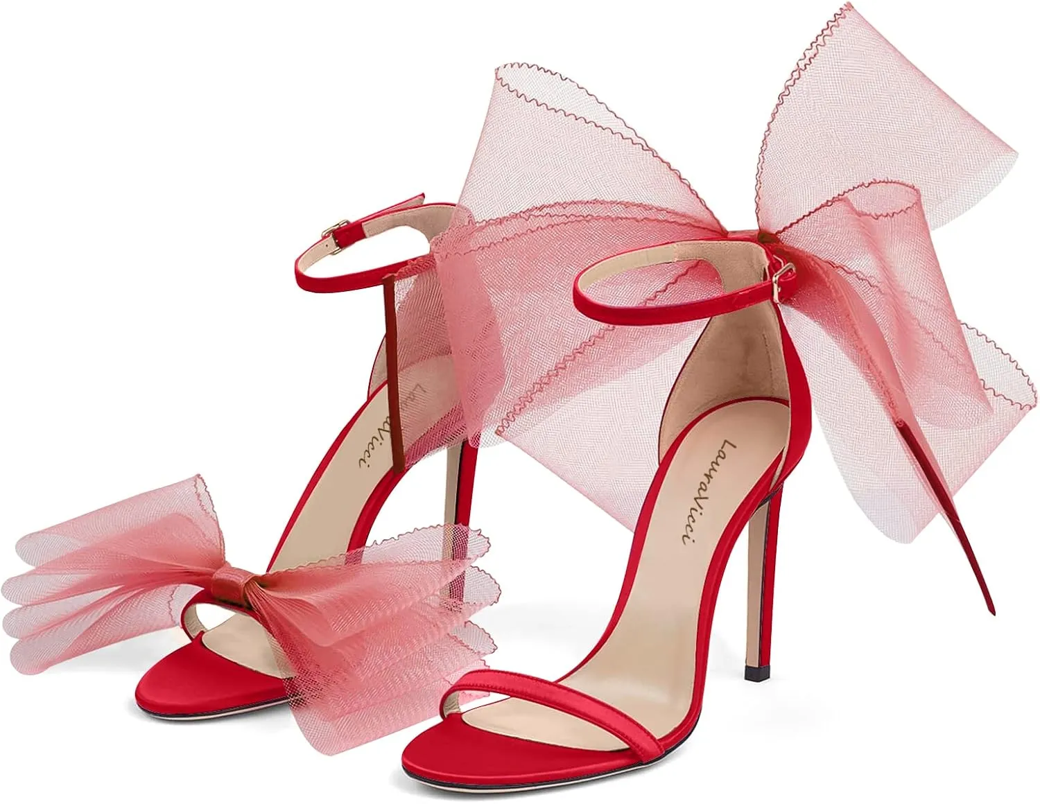 LauraVicci Women's High Heel Sandals Asymmetric Mesh Leather Bow Opened Toe Ankle Strap Lace-Up Stiletto Slip-On Evening Dress Party Wedding Shoes