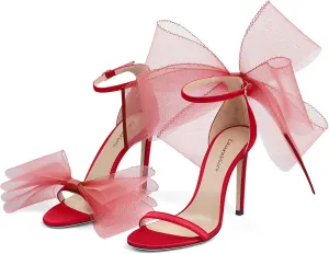 LauraVicci Women's High Heel Sandals Asymmetric Mesh Leather Bow Opened Toe Ankle Strap Lace-Up Stiletto Slip-On Evening Dress Party Wedding Shoes
