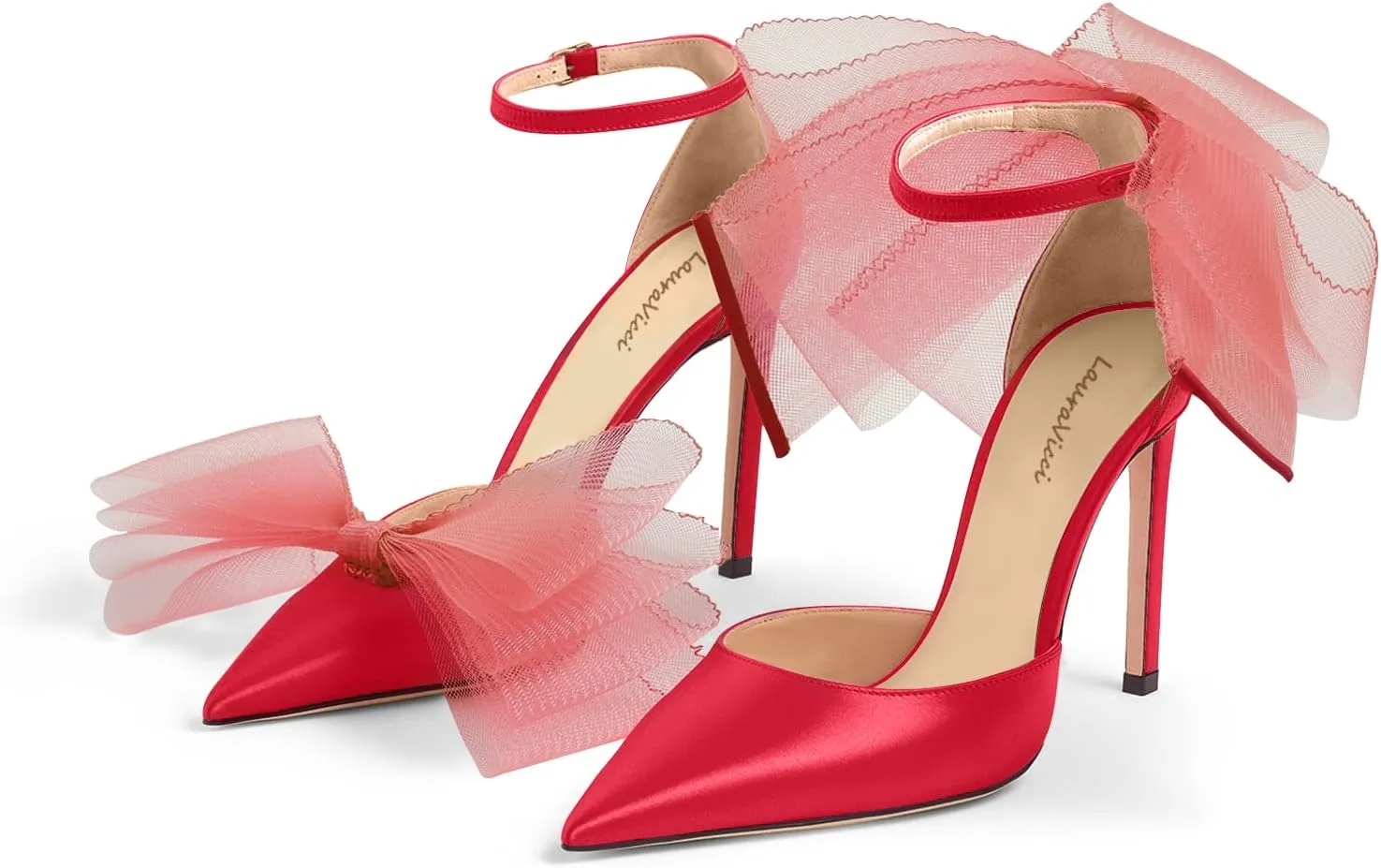 LauraVicci Women's Pumps Asymmetric Mesh Feather Bow Sandals Pointed Toe Ankle Strap Lace-Up Stiletto Slip-On Evening Dress Party Wedding Shoes
