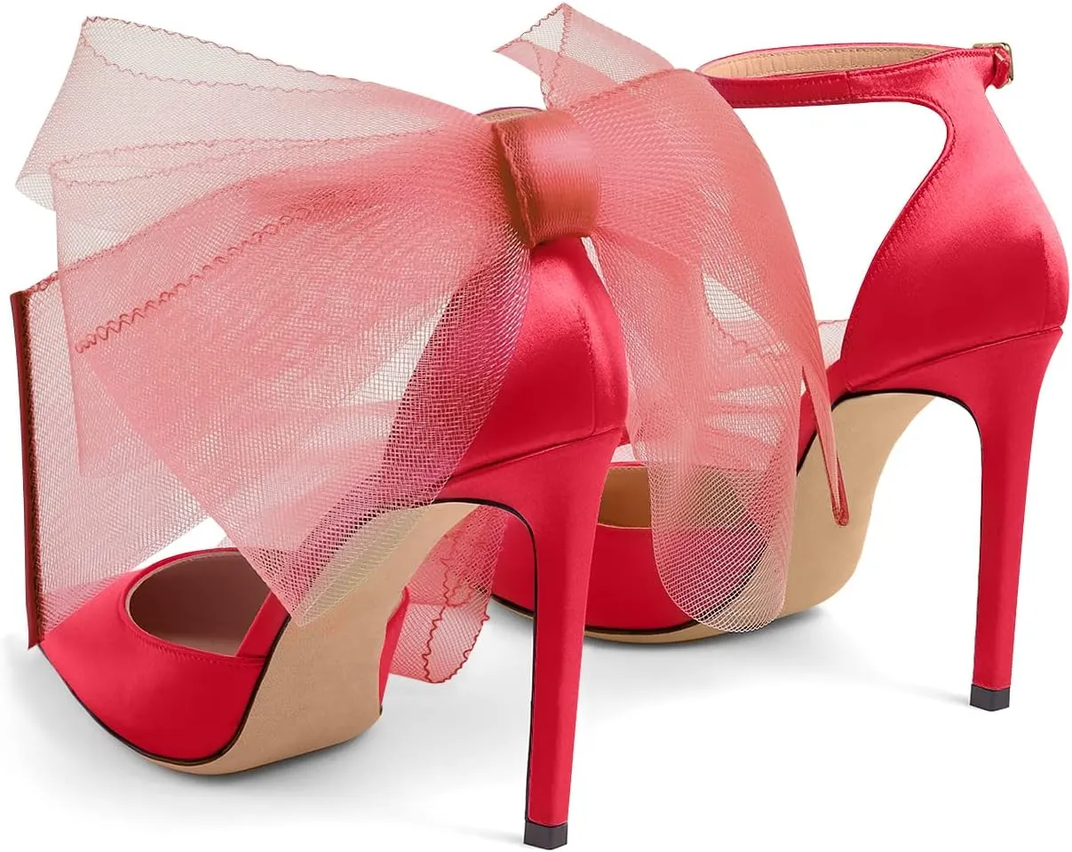 LauraVicci Women's Pumps Asymmetric Mesh Feather Bow Sandals Pointed Toe Ankle Strap Lace-Up Stiletto Slip-On Evening Dress Party Wedding Shoes