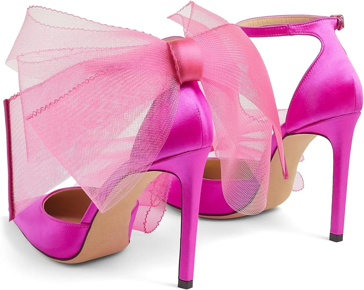 LauraVicci Women's Pumps Asymmetric Mesh Feather Bow Sandals Pointed Toe Ankle Strap Lace-Up Stiletto Slip-On Evening Dress Party Wedding Shoes